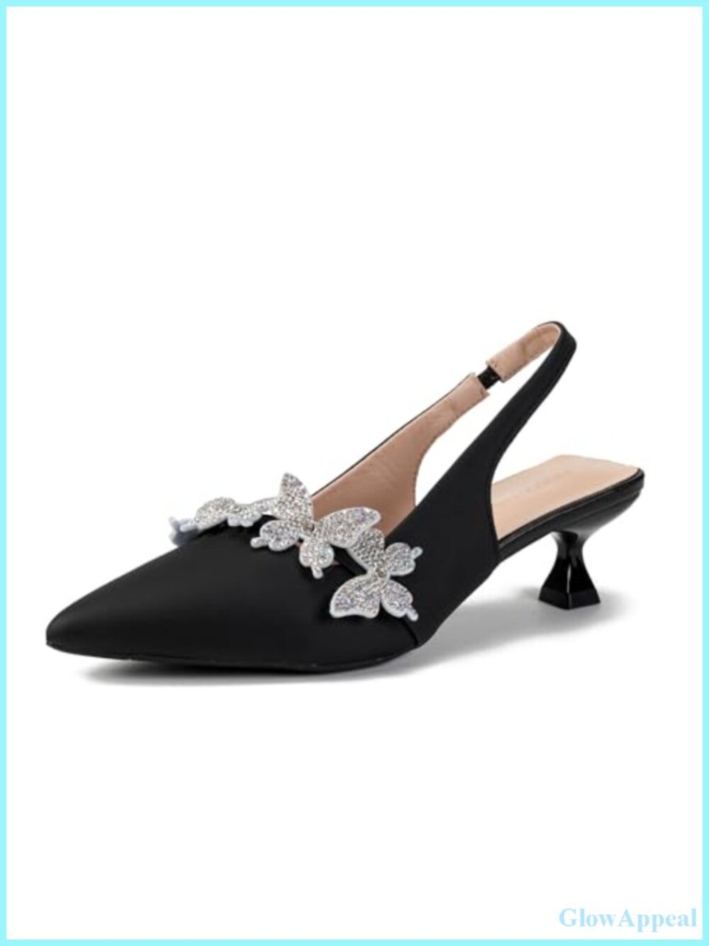 Rhinestone Butterfly Slingback Kitten Heels, Pointed Toe Dress Shoes, Wedding